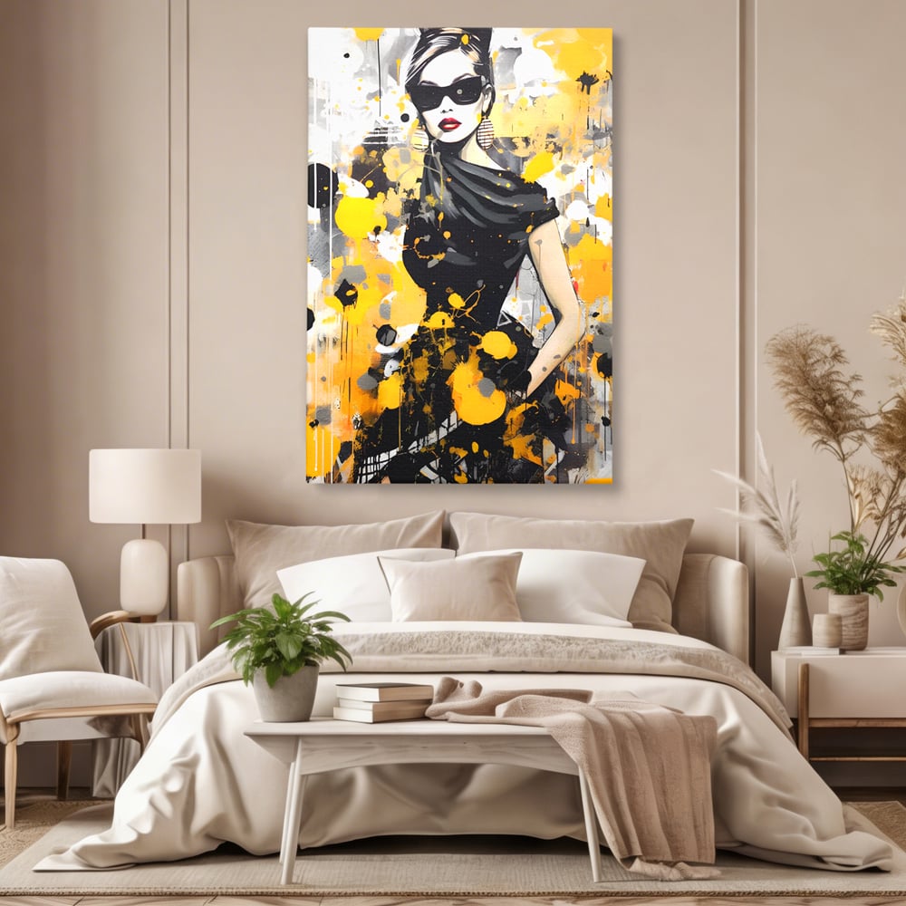 Tablou canvas cu tablou canvas portret femeie eleganta ochelari, fara rama, pe sasiu de lemn, pe perete intr-un dormitor